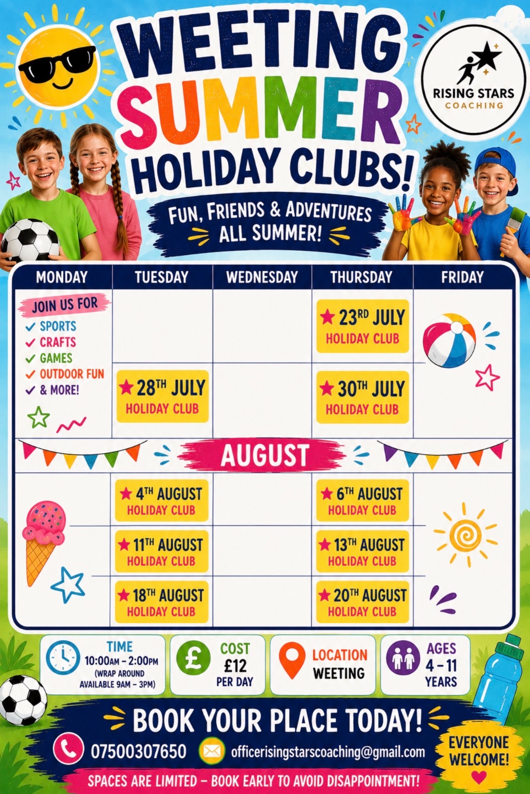 Weeting BNHF Summer Holiday Clubs block mentored by Rising Stars Coaching