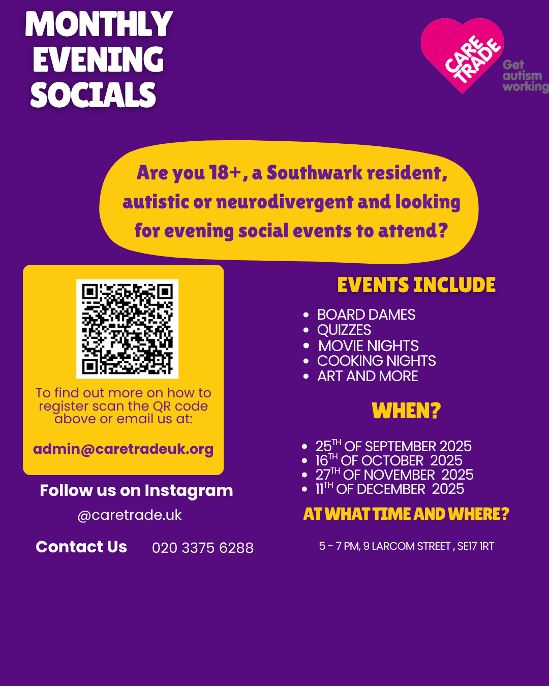 Monthly Evening Socials block mentored by CareTrade