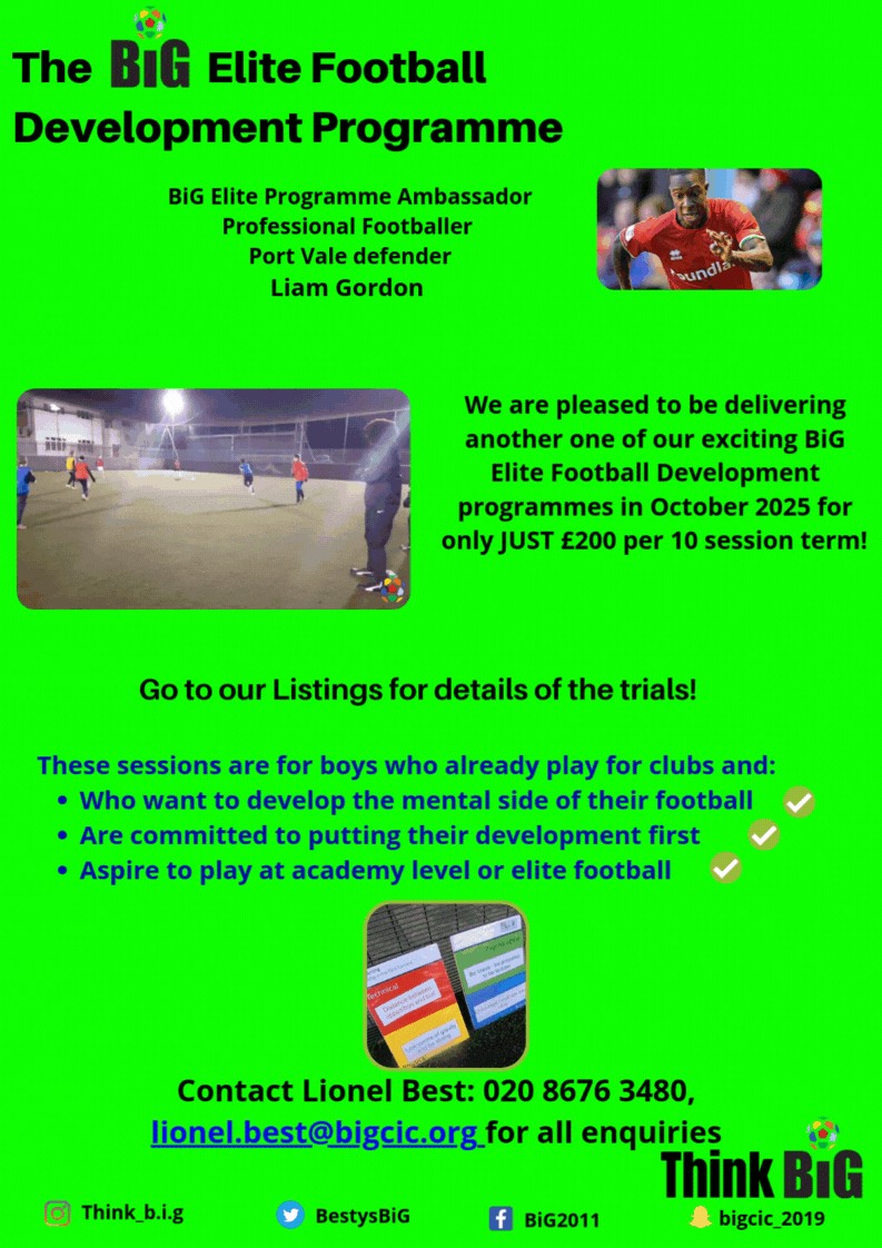 BiG Elite Football Development Programme block mentored by BiG (Besty's Inspirational Guidance) C.I.C.