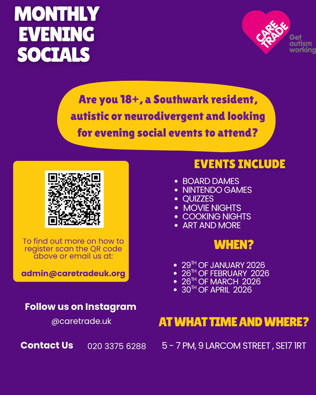 Monthly Evening Socials block mentored by CareTrade