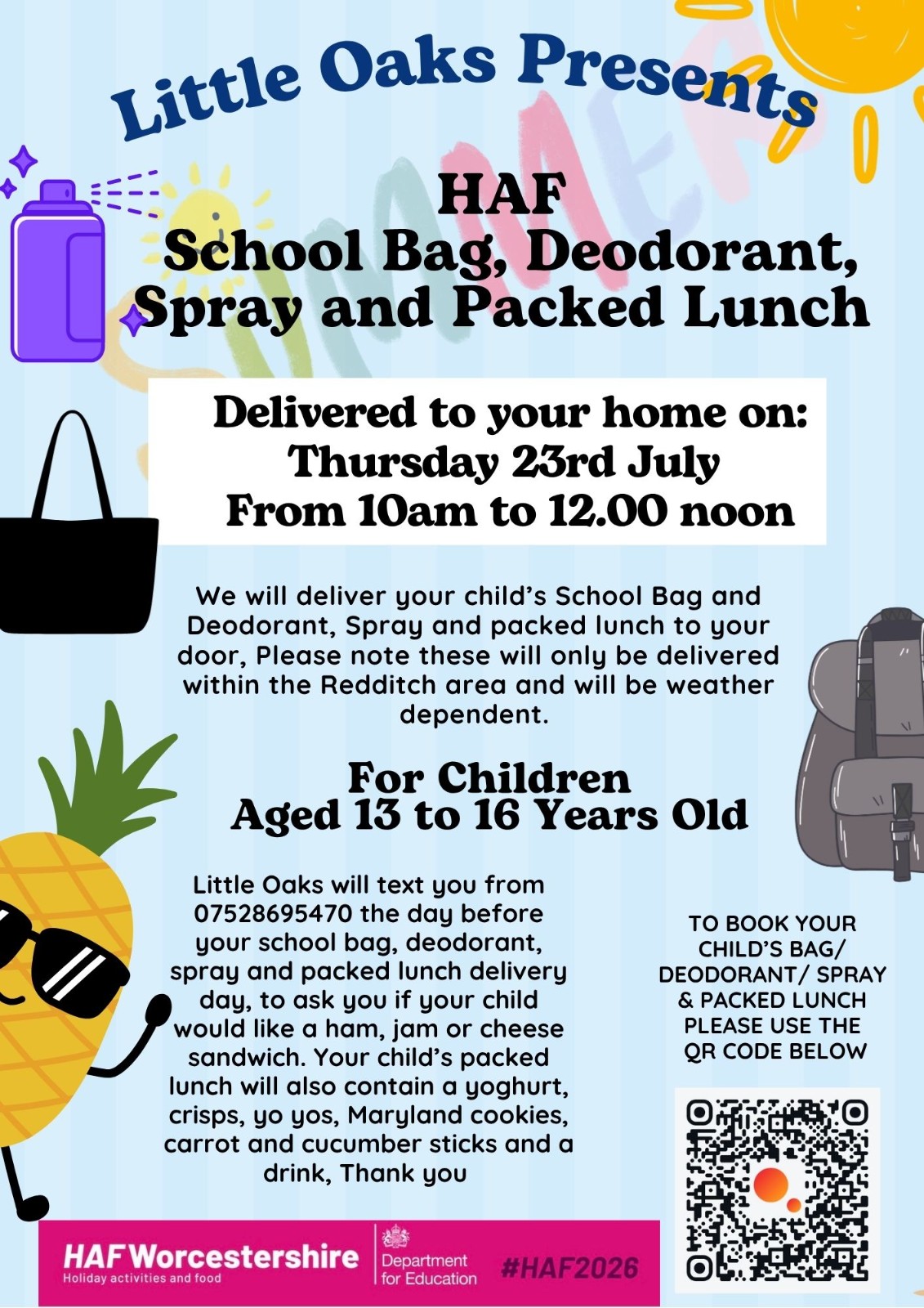 School Bag, Deodorant, Spray and Packed Lunch block mentored by Little Oaks HAF Events Team